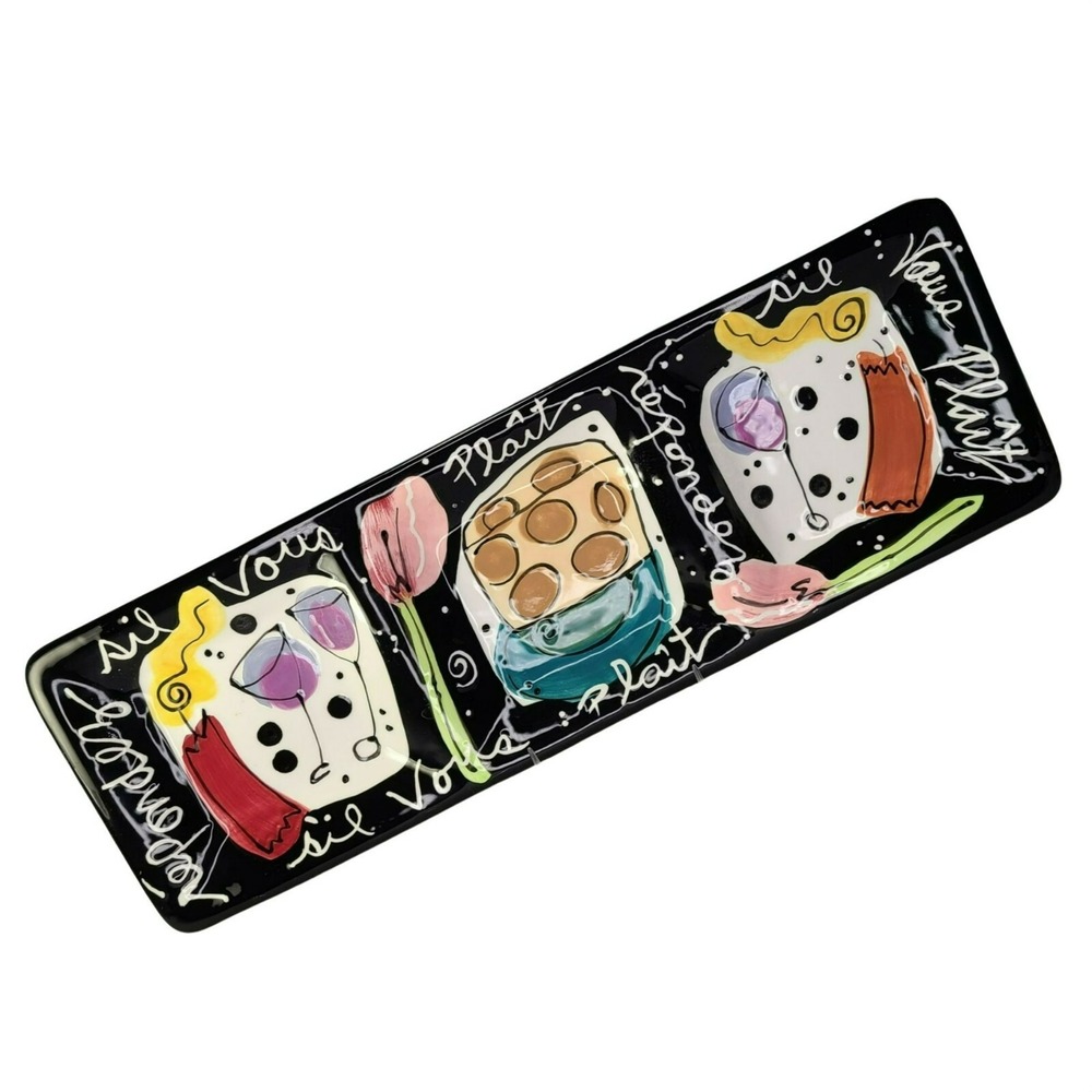 Joanne Delomba Divided Rect Serving Dish With Love Wine Cheese Themed Embossed